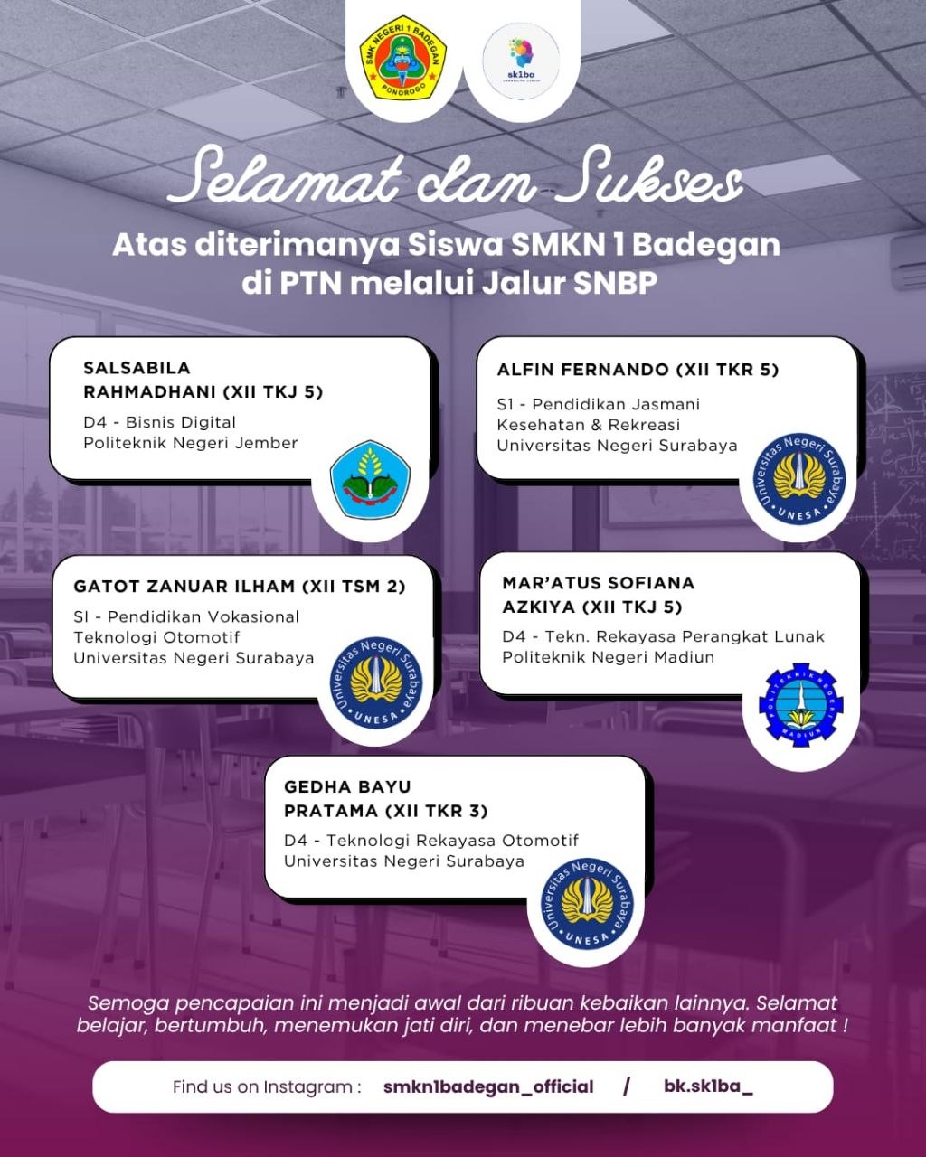 Prestasi Membanggakan: Siswa SMKN 1 Badegan Sukses Tembus PTN Jalur SNBP!